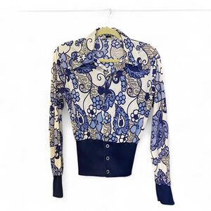 Vintage 70s Gino Barozzi white and navy blue paisley blouse size M